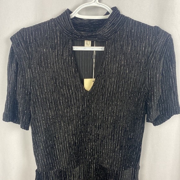 Anthropologie The Korner Black Silver Velvet Keyhole Mini Dress Ribbed - Size S - Picture 3 of 14